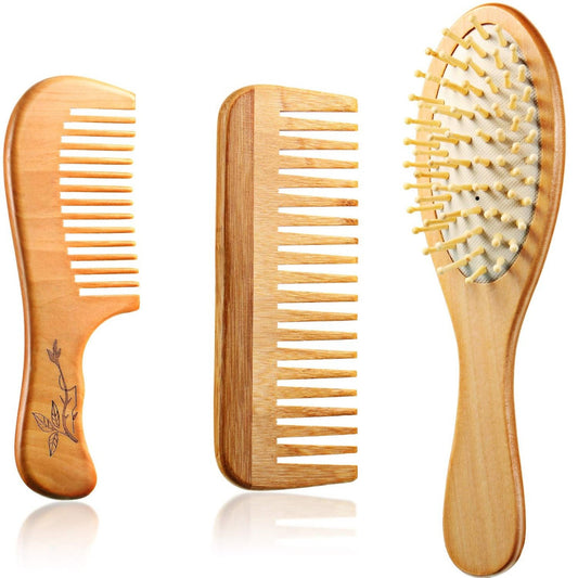 3 Pieces Wooden Detangling Comb Set